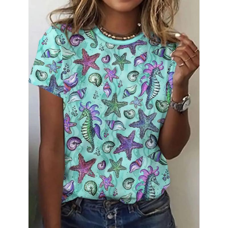 Summer Round Neck 3D Funny Cartoon Animal Print Top Fashionable Casual Short Sleeved Women's T-shirts