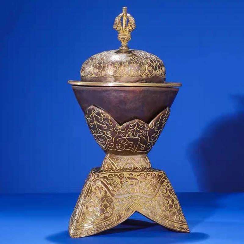 Nepal Toba Bowl, Brown Tibetan Altars Furnishing, Toba Tantric Copper Handicraft, Buddhist Religious Item Collection, 14 cm,1Set