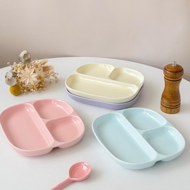 8 Inch Ceramic Dividing Plates for Adults Weight Loss Three Compartments  Simple Solid Children Dish Green Cream Wind Tableware