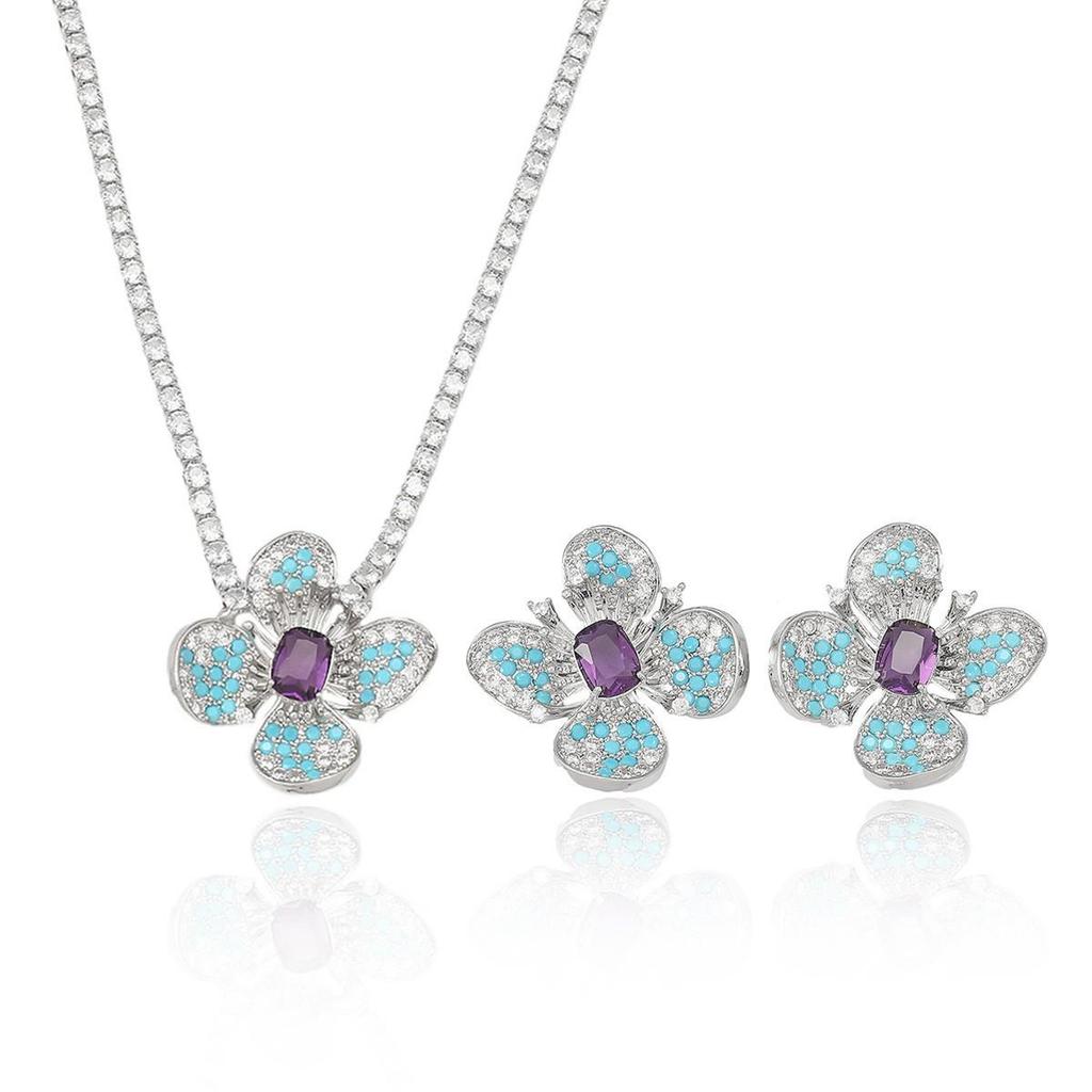 Zircon Four-Leaf Clover Earrings and Necklace Set - Court Style, New Trend with Temperament Clavicle Chain