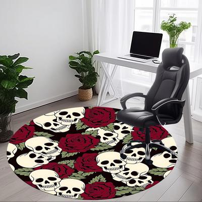 1pc Skull Roses Pattern Carpet, Round Non Slip Durable Large Size Office Carpet, Suitable for Office