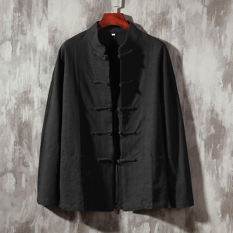 Men's Chinese Style Long-Sleeve Stand Collar Cotton Linen Shirt for Spring and Autumn