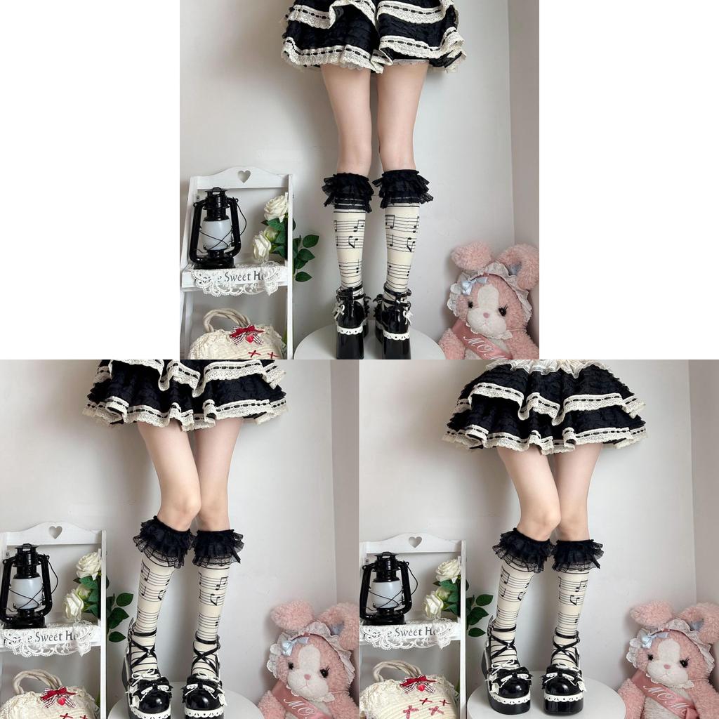 Lolita Sweet Notes Black Lace Trim Knee Socks With Breathable Cotton For Teen Girls