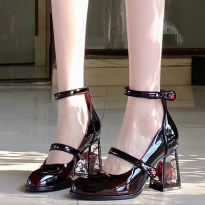 Damen Punk Leder Mary Jane Schuhe Gothic High Heels Pumps Rose Heel Leder Lolita Schuhe Frau Fesselriemchen Mary Jane Schuhe