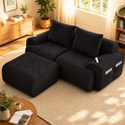 Modular Corduroy Sofa for 2 People (with Stools), Freely Combinable, Includes Cup Holder and Side Storage Bag.Black