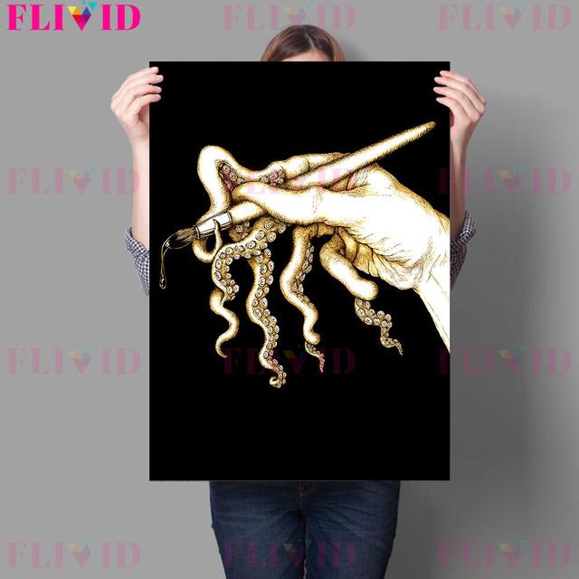 Oktopus-Hand, mysteriöser Blitzfisch, Retro-Wandölgemälde, einäugiger Vogel und unsterbliche Maus, Kunstposter