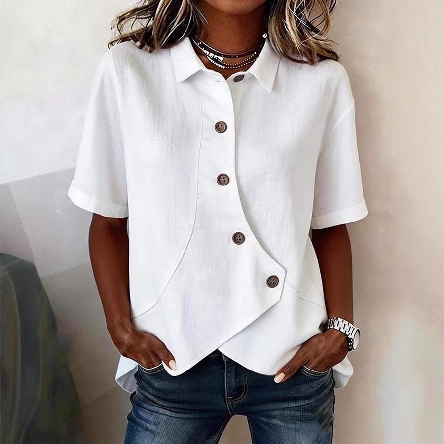 2026 New Women's Short Sleeve Irregular Lapel Button T-shirt
