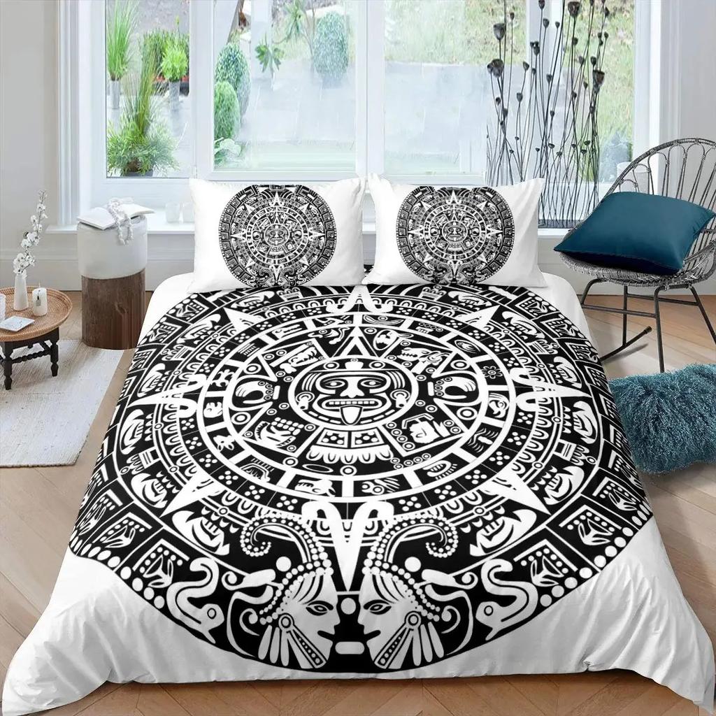 Neon Mandala Duvet Cover Set Full Queen Boho Hippie Bedding Set Ancient Mayan Calendar 3D Print Abstract Comforter Cover