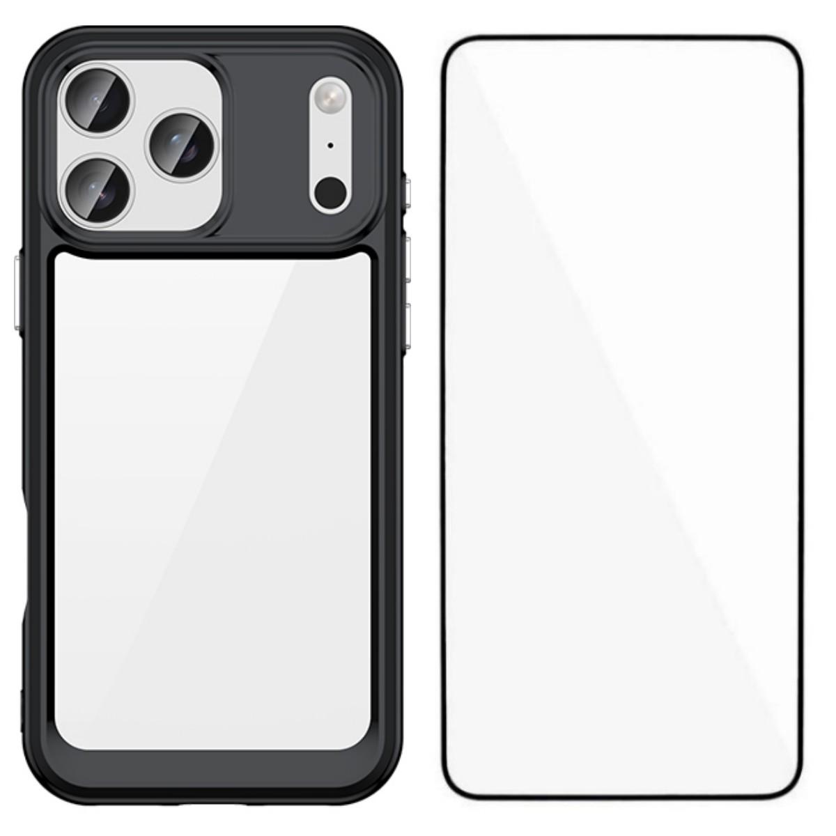 

For iPhone 17 Pro Max Back Cover WANLONFENG XC Series TPU Acrylic Phone Case with Tempered Glass Film Black