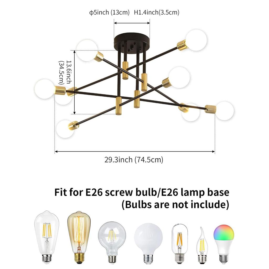 Candelabru cu 8 lumini Lampă de tavan modernă, de la mijlocul secolului, pandantiv industrial negru și auriu