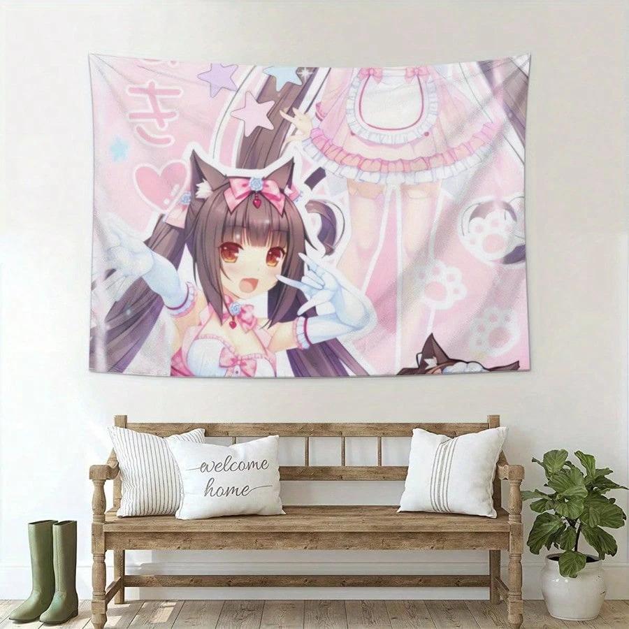 1Pc Kawaii Cat Girl Wall Tapestry, Polyester 2D Flat Print, Versatile Decor For Dorm, Bedroom & Living Room, Ideal For Anime Fan