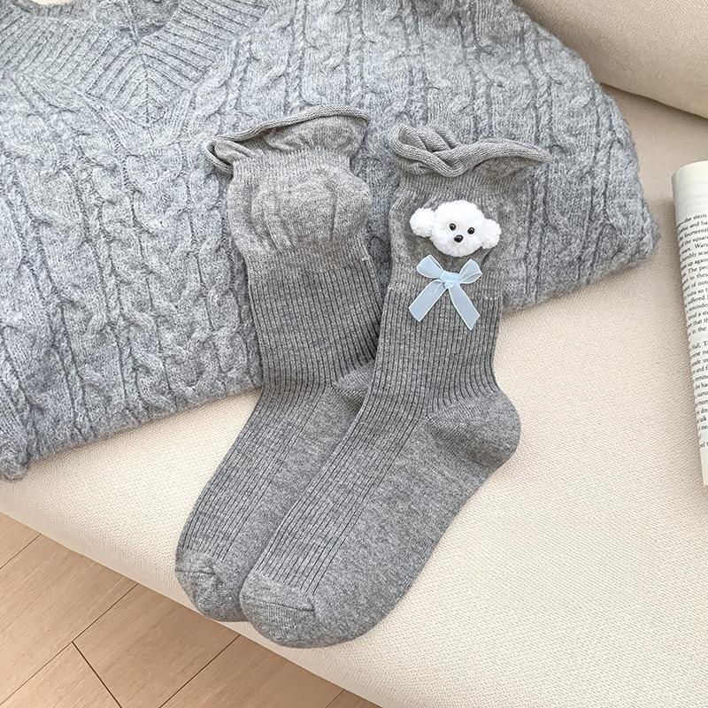 Fall/Winter Gray Warm Fleece Socks - Children's Color-Contrasting Butterfly Knot Mid-Calf Socks with Hollowed-Out Hemp Patterned Layers for Women