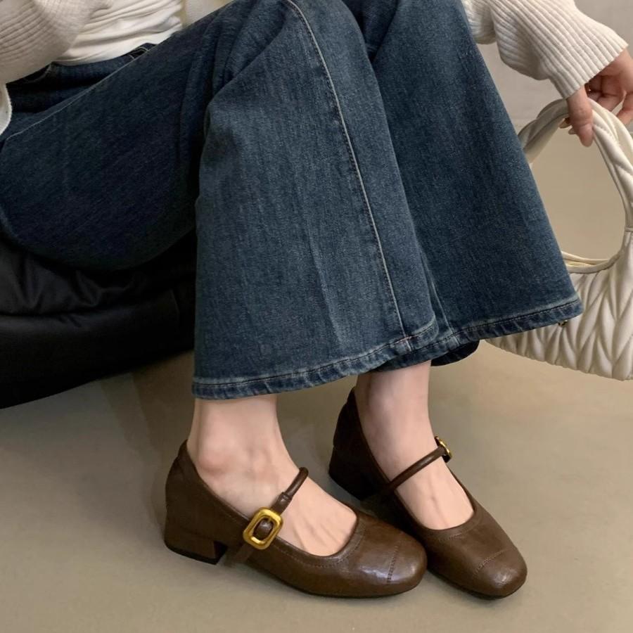 Französischer Abendwind leichter Mund Einzelne Schuhe Damen dicker Absatz 2025 Herbst neu Koreanische Version kleine Lederschuhe Retro mittlerer Absatz Mary Jane Schuhe
