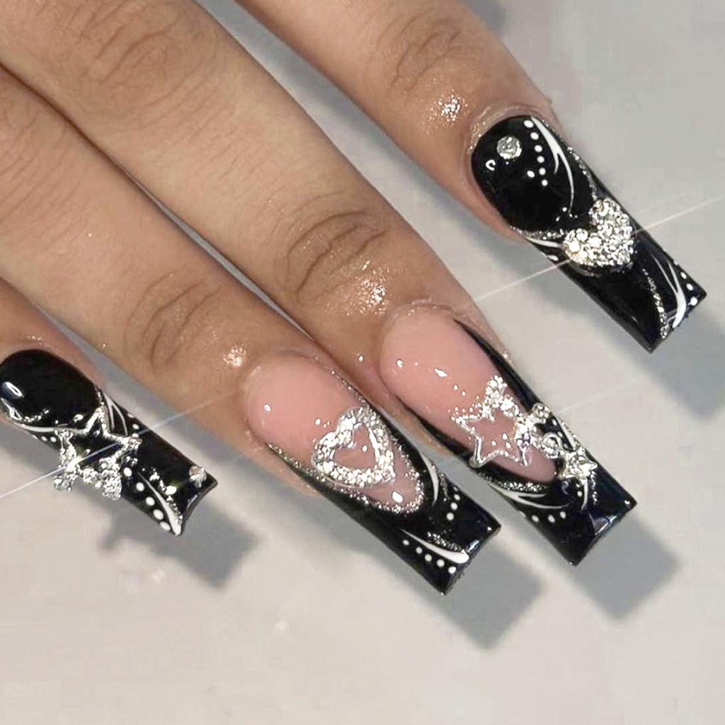 24Pcs Black Gradient Long Ballerina Press On Nails Full Cover False Nail Tips For Women Girls DIY Manicure