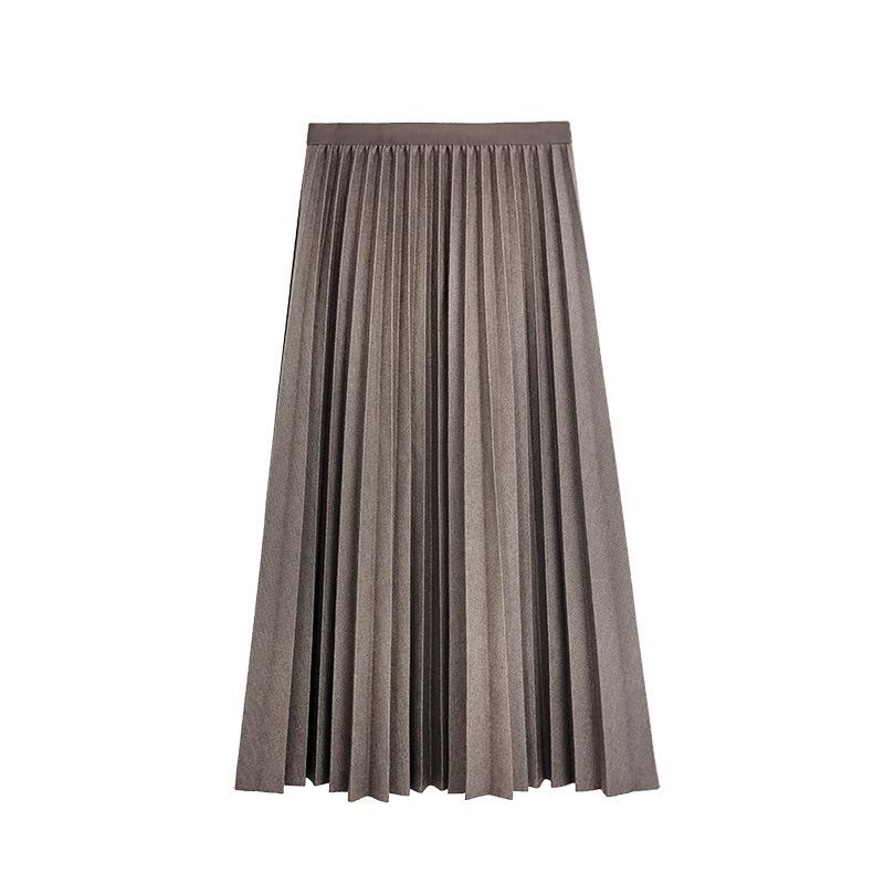 Model real autumn and winter pleated skirt medium and long skirt solid color A-shaped skirt elastic waist