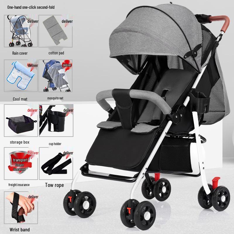 Lightweight Foldable Stroller: Sit or Lie Position, Four-Wheel Design, One-Key Fold for Kids and Babies.