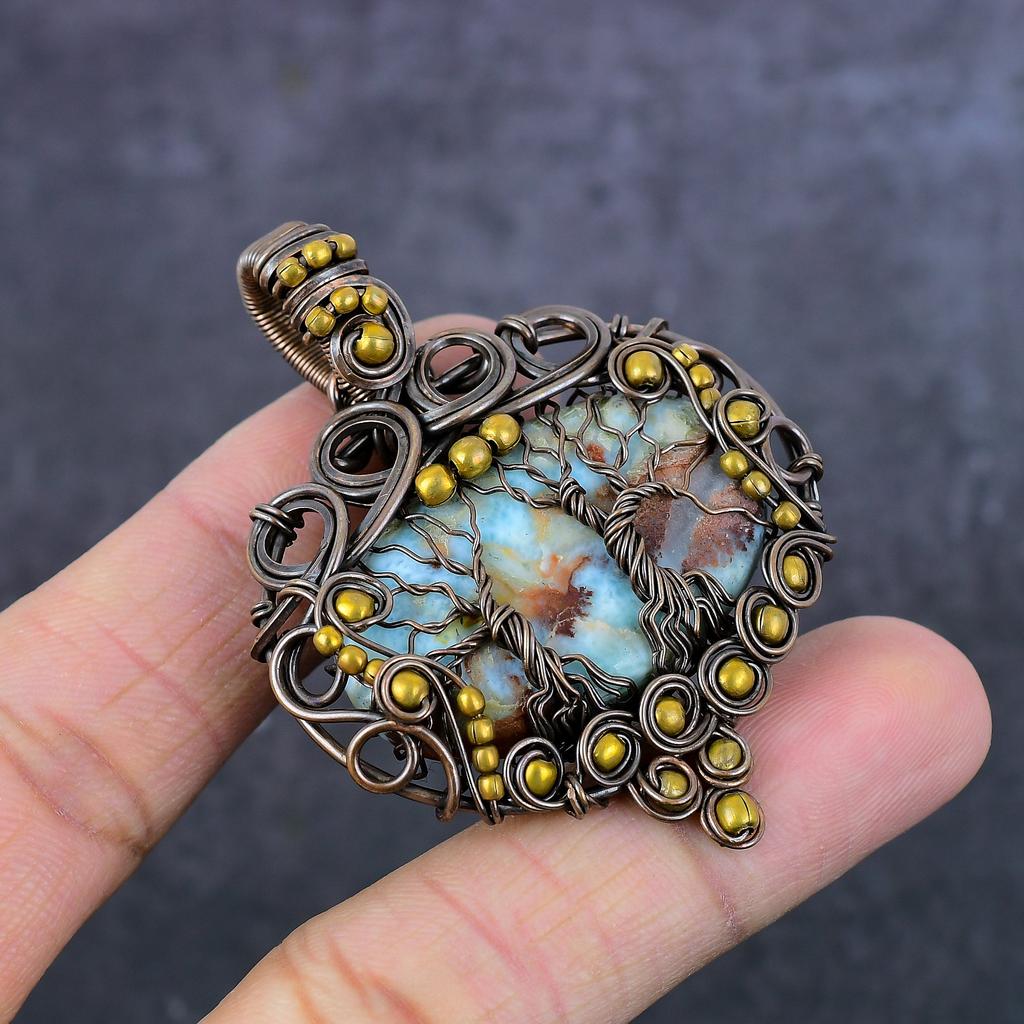 Natural Carebian Larimar Handmade Copper Wire Wrap Jewelry Pendant 2.36" s4Z84
