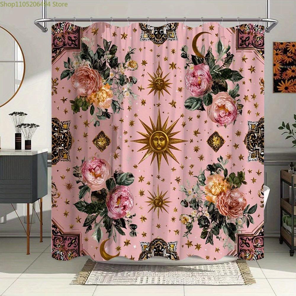 1pc Bohemian Floral & Botanical Shower Curtain with 12 Hooks - Pink Bath Curtain, Machine Washable, Full Coverage for bathtub,