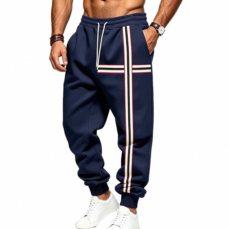 Men Stripe Jogger Sweatpants, Elastic Drawstring Waist Stripe Thigh Panel Side Hand Pockets Ribbed Ankle Cuffs Soft Fleece‑Lined Casual Trousers