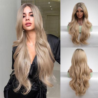 Synthetische lange gewellte Perücke mit Spitzenteil, braune Wurzeln, Ombre-blonde Haarperücken für schwarze, weiße Frauen, tägliches Haar