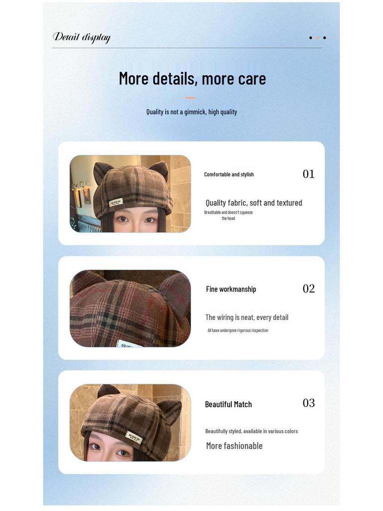 Classic Plaid Wool Beret with Cute Cat Ears - Artistic Painter Style for Autumn/Winter