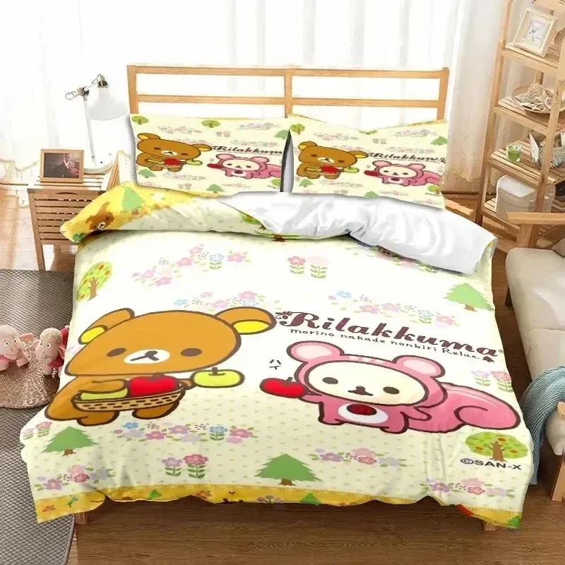 Cartoon Rilakkuma Bear Printed Bed Set Duvet Cover Pillowcase Bedding Set Bed Linen Sheet Quilt Cover Full Queen King Size