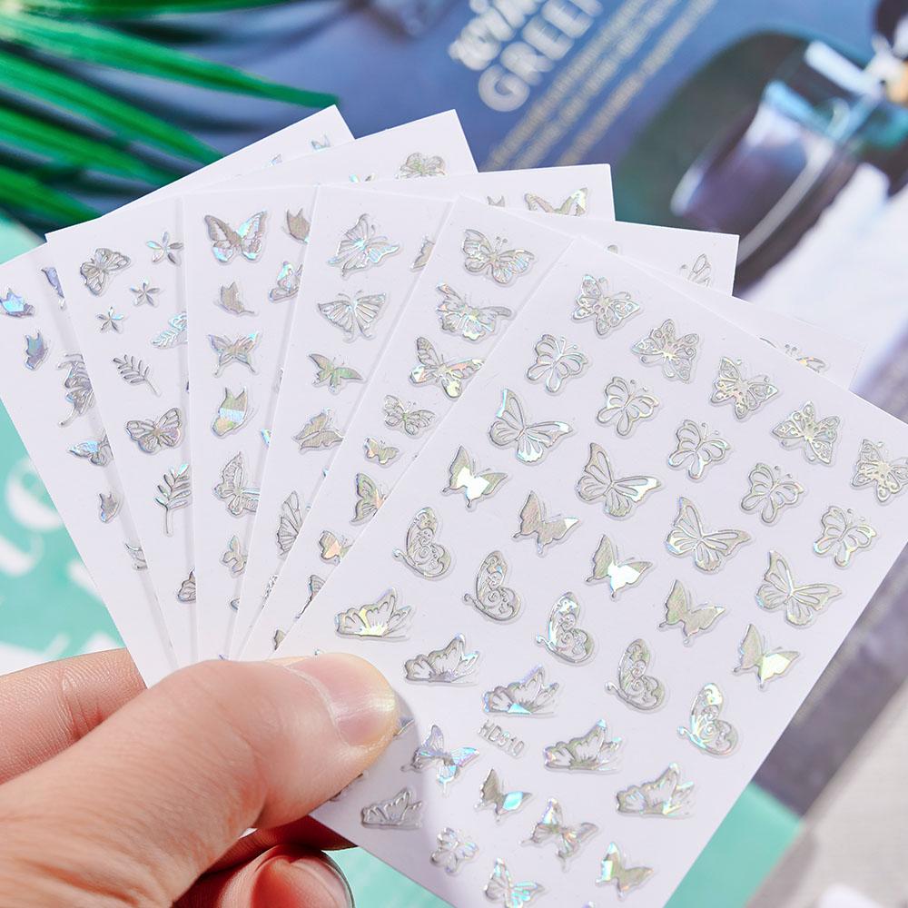 16pcs/set Laser Silver Butterfly Nail Art Sticker Butterfly 3D Hollow DIY Glitter Holographic Slider Nail Art Decal Decoration