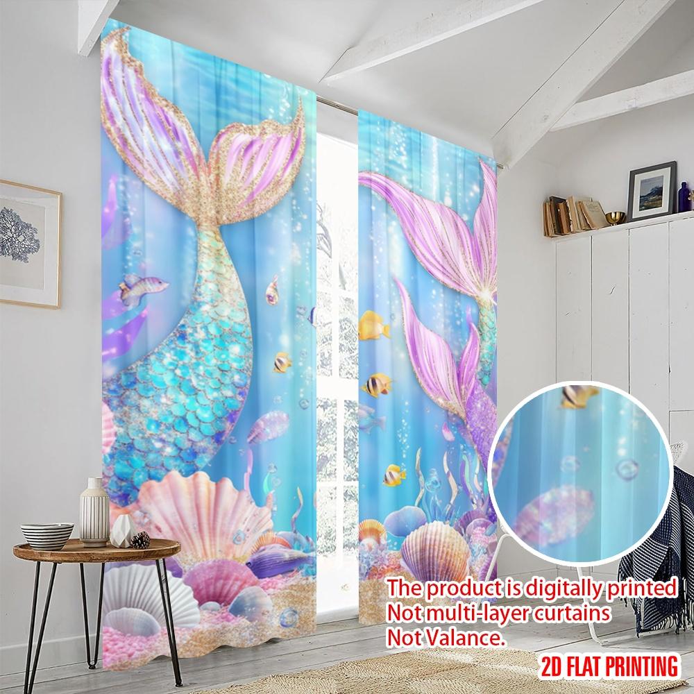 2pcs,2D plane printing Curtains&Window Treatment Mermaid Lagoon 100% Polyester (without rod) Outdoor Decorations Use for