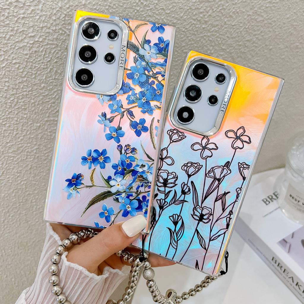 Electroplated Laser Flower S25Ultra Mobile Phone Case Suitable for Samsung A16 Pearl Bracelet S24plus Hard Case