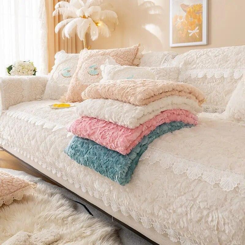 Rose Plush Sofa Cover Autumn Winter Velvet Living Room Sofa Cushion Thickened Warm Soft Sofa Backrest Towel Washable Colourfast