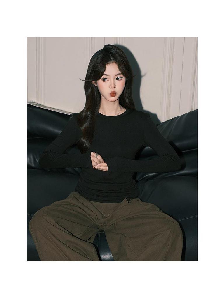 Women's Black Round Neck Long Sleeve T-Shirt, 2025 Autumn/Winter Slimming Basic Base Layer Top