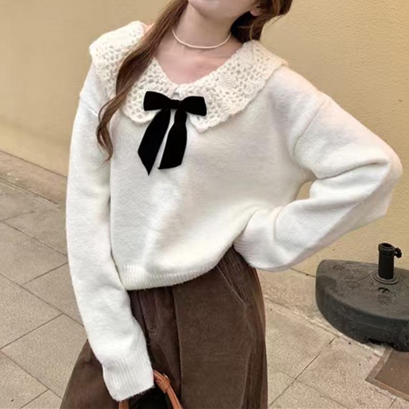 Šedý svetr s barevnými bloky a pleteným límcem s mašlí – Korejský styl, měkký svetr pro ženy