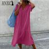 HNXC Women's Fashion Summer Spring Solid Color Print Short Sleeve V-Neck High Waist Casual Dresses