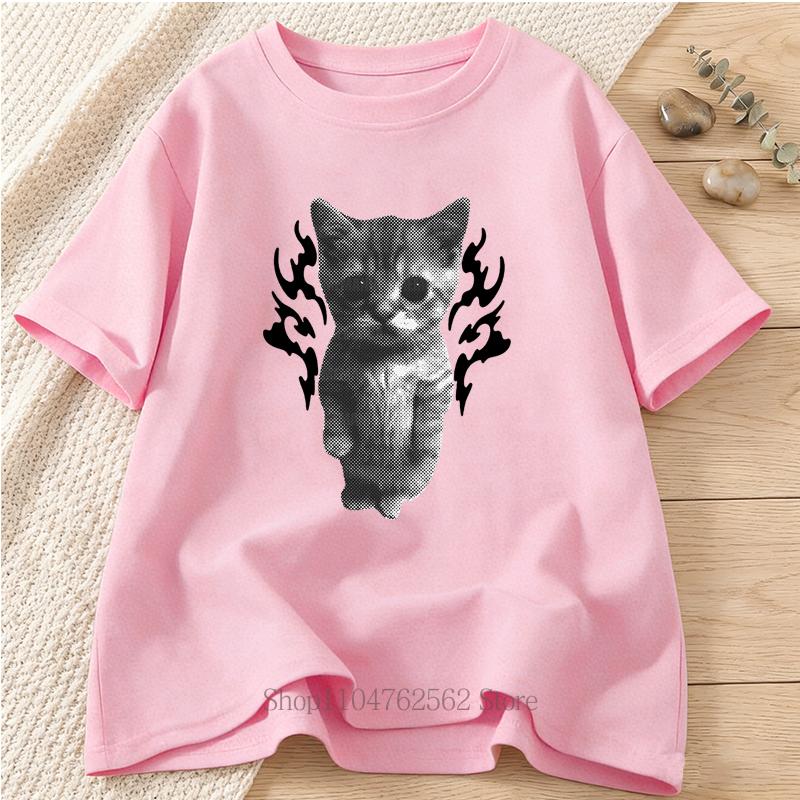 Flame Cat Vintage Graphic Print Tshirt Summer Womens Clothing Casual Fashion Funny Tops Streetwear ONeck Short Sleeve Tshirt