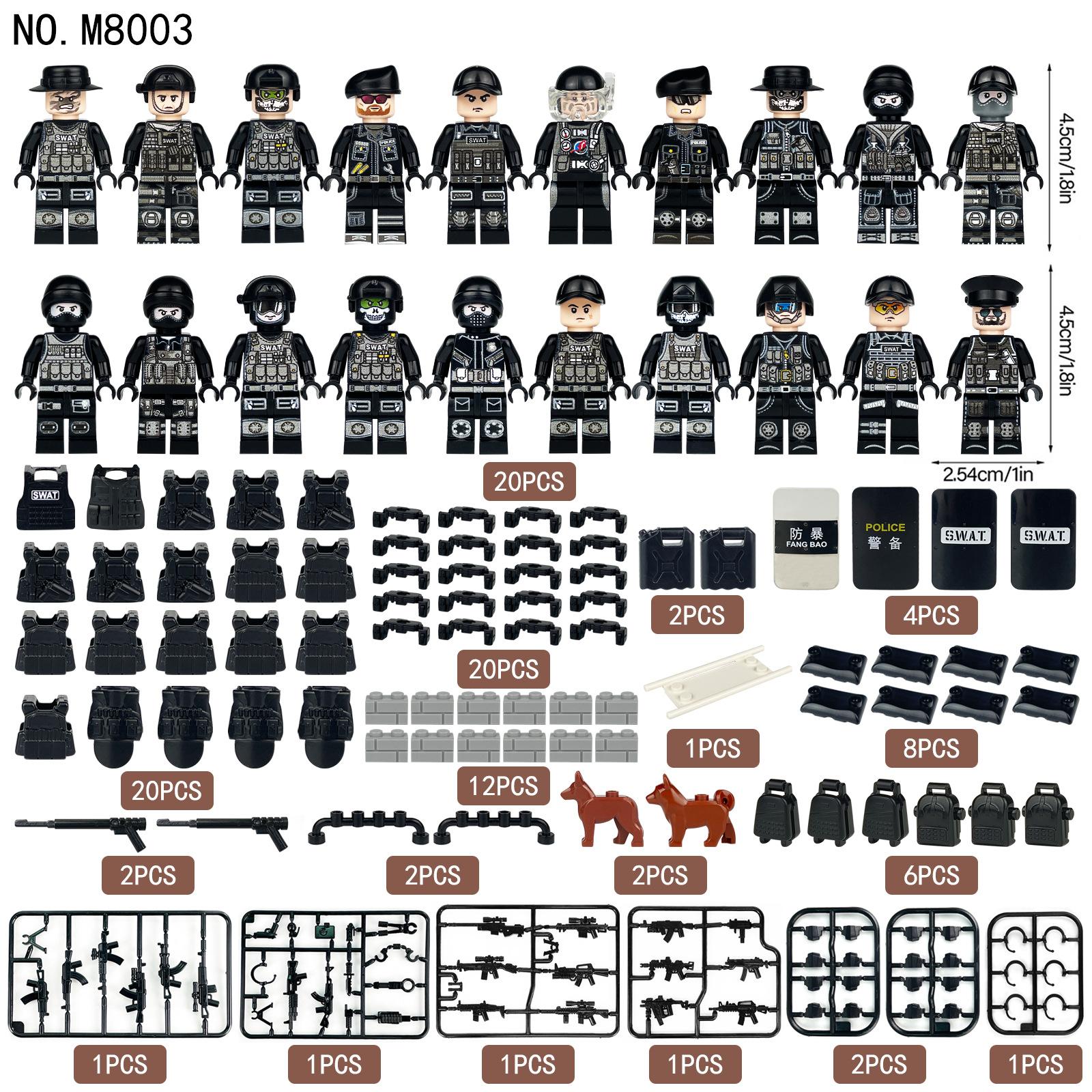 

M8003 20 черных полицейских строительных блоков минифигурок для мальчиков военный игрушечный набор