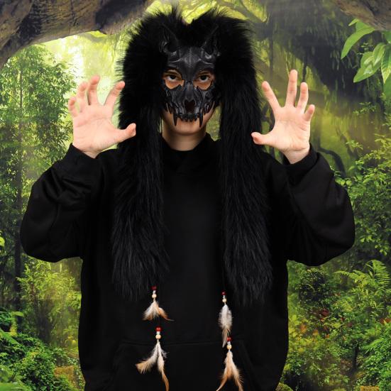 Adjustable Elastic Strap Wolf Mask Viking Skull Mask, Long Fur Ear Tassel Headpiece for Cosplay Themed Party Costume Headgear Party, Halloween