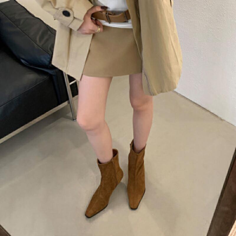 Boots Femininity Square Head New Minimalist Side Zipper High Heel Boots Spring Summer Short Boots