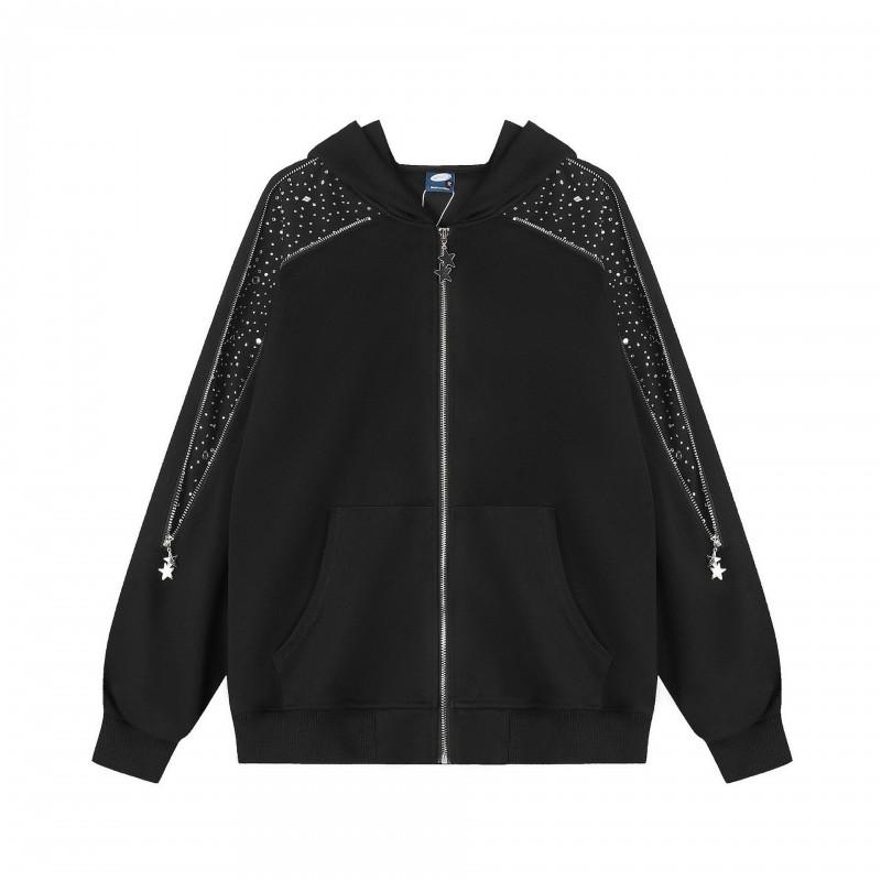 Unisex Streetwear Hooded Zip-Up Sweatshirt With Rhinestone Detail Loose Fit Cotton Pullover