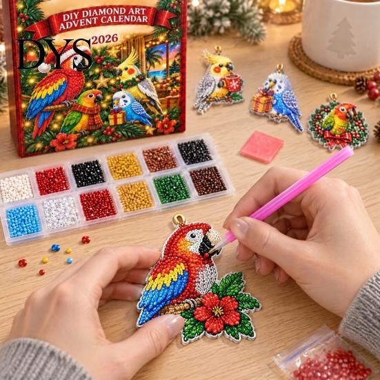 Праздничное рукоделие для всей семьи DIY Алмазное искусство Календарь ожидания 2026, Сделайте 24 подвесных украшения для рождественской елки из искусственных бриллиантов в виде животных