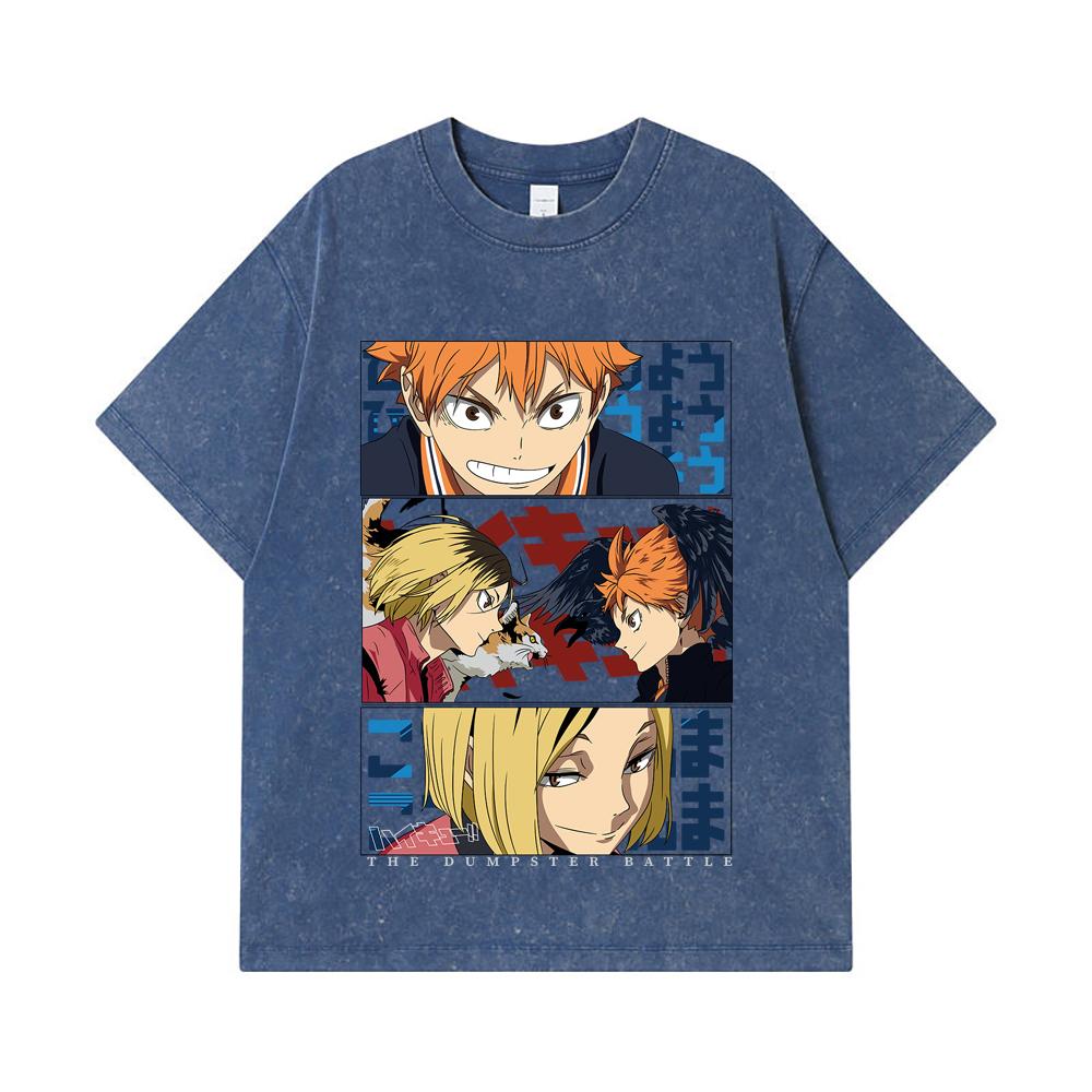

275 GSM Washed T-shirts 100% Cotton Haikyu V9 Dumpster Battle Print Unisex Heavy Cotton T Shirt 2XL королівський синій колір
