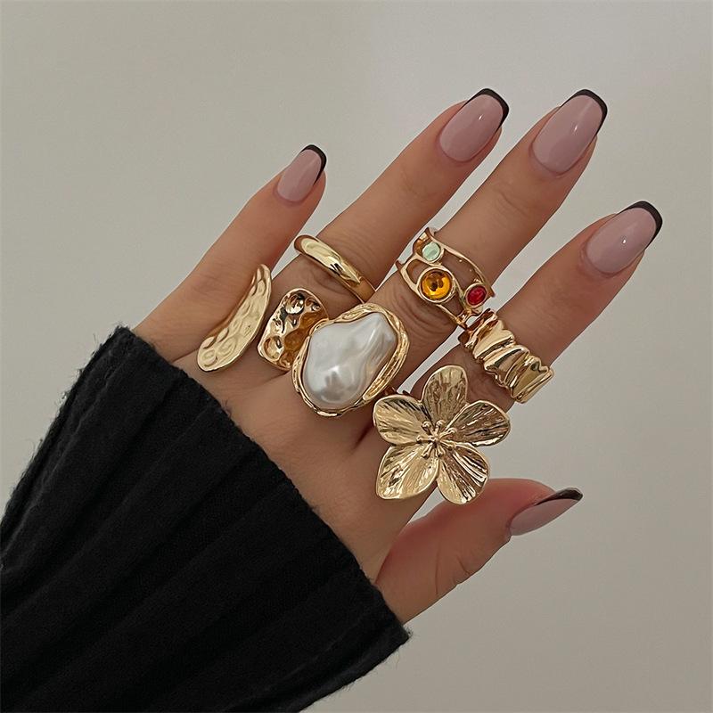 Personalized Retro Combination Ring Fashion Versatile Liquid Lava Flower Irregular Ring Set for Women about1.7cm