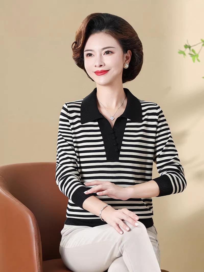 

Striped Long-Sleeve Lapel T-Shirt for Middle-Aged Women (50s-60s), Perfect Autumn/Spring Base Layer 4XL (recommended 165-180 jin) чёрный