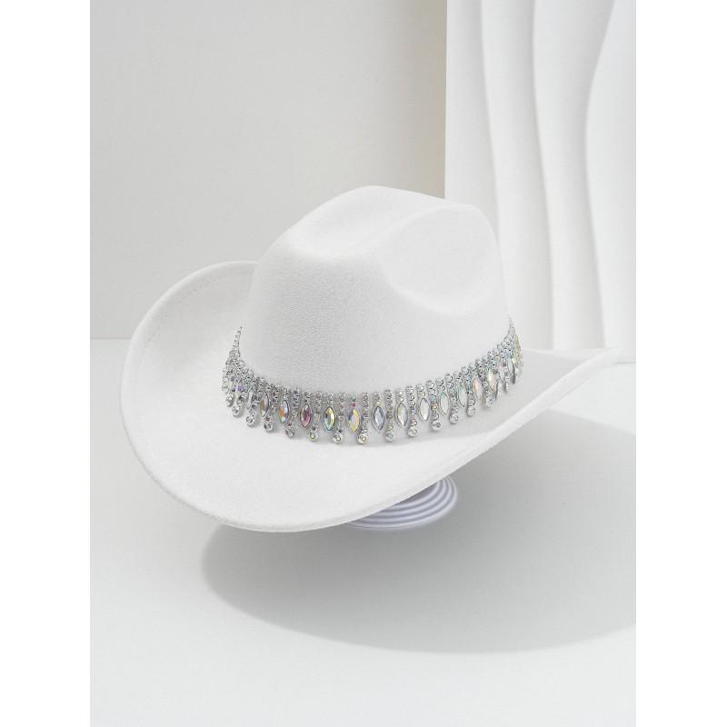 Unisex Elegant Jazz Fedora Hat With Tassel Rhinestone Belt Wedding Engagement