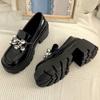 Women's Black Leather Mary Jane Loafers 2025 New Fashion Thick Heel Crystal Embellished Britsh Style Spring Autumn Shoes