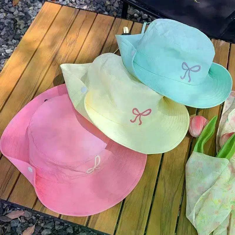 1Pcs Summer Hiking Camping Caps Fashion Bow Embroidery Quick Dry Bucket Hat Wide Brim Fordable Sunscreen Y2K Hats Girl Women