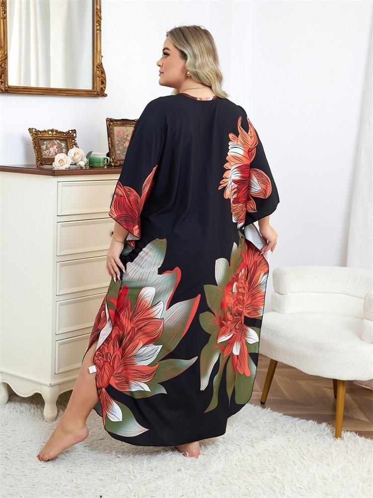 Plus Size Women Kaftan House Robe Bohemian Printing V Neck Homewear Beach Wear Bathing Suit Cover Up