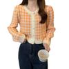 Spring slim checkerboard short small plaid knitted sweater women's top with cardigan inside small coat