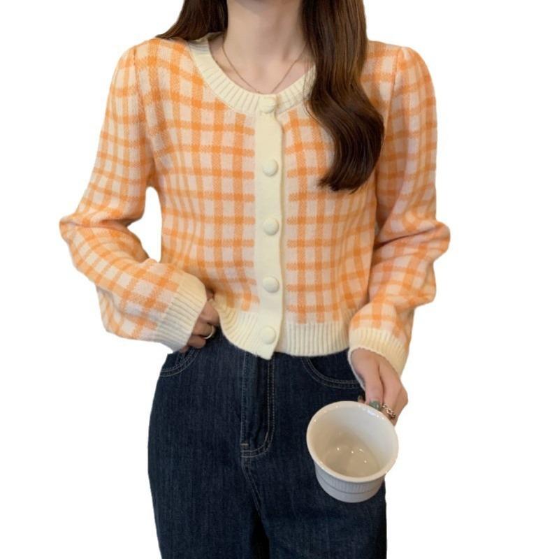 Spring slim checkerboard short small plaid knitted sweater women's top with cardigan inside small coat