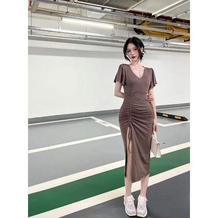 Sexy black dress women s summer new temperament drawstring split fork slim small knee dress S
