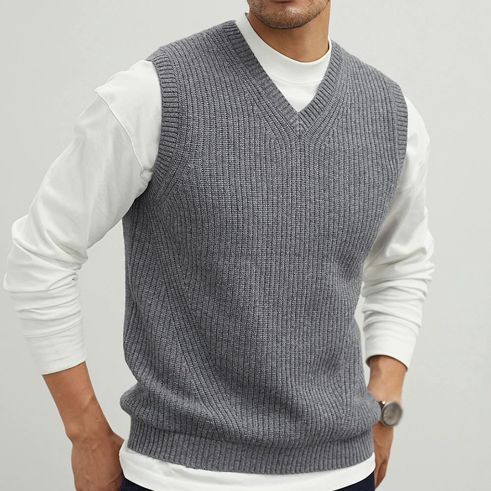 Men's V-Neck Knitted Sweater Vest Plain Sleeveless Pullover Knitwear Loose Fit All Match Tops